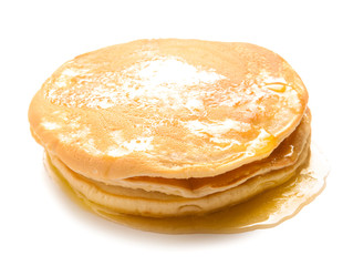 Stack of tasty pancakes on white background