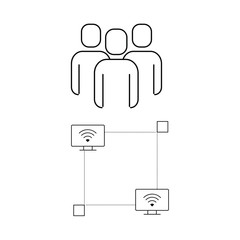 Set of simple icons with three people and Internet technology wifi.