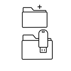 Set of simple icons with add folder and folder with usb flash drive