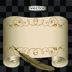 Vector illustration vintage scroll vertically arranged rolled up document writing pen and gold monogram on old retro style paper
