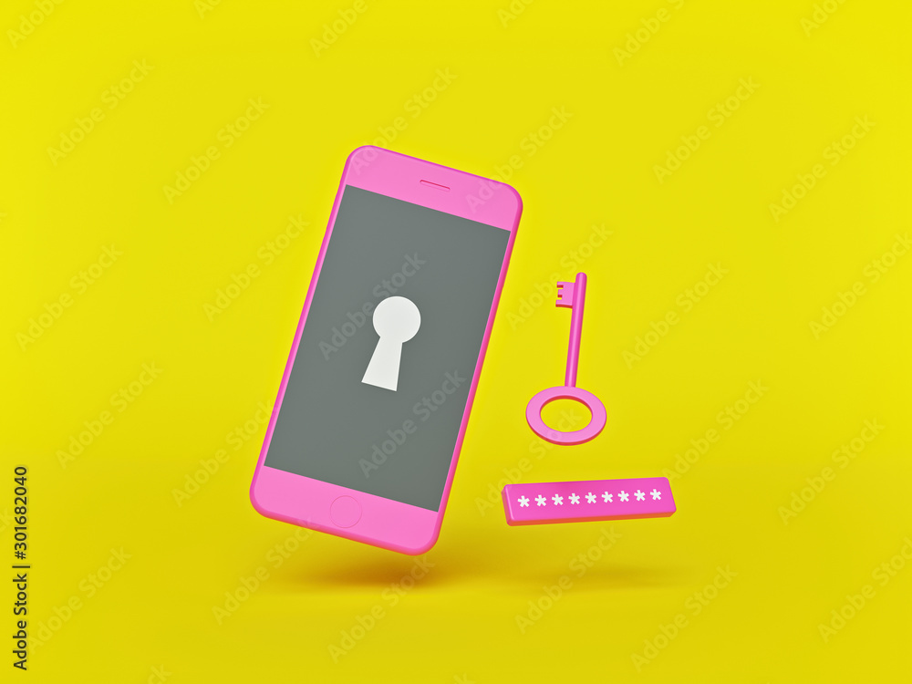 Poster smartphone data security and protection concept, minimal style isolated on yellow background. 3d ren
