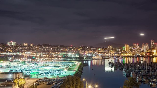 Time Lapse of downtown San Diego. Planes can be seen going in for a landing at San Diego International Airport.