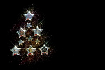 Christmas and New Year shiny background. Christmas tree made of metal stars and shining glitter on a black background.copy space.Winter holidays shiny background