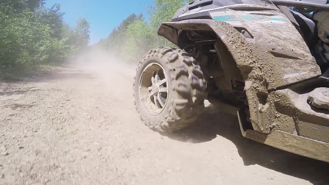 Dirty extreme quadrobike dynamically riding and moving along offroad among grasses, trees and bushes outside on sunny warm day.