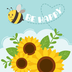 The character of cute bee flying on the sky with sunflower and text of bee happy. The shape of line look like heart. The cute bee look happy. The character of cute bee in flat vector style.