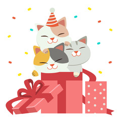 Fototapeta na wymiar The character of cute cat and friends sitting in the big gift box. The cute cat playing with friends in the christmas party. The character of cute cat in flat vector style.