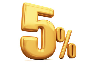 3d render illustration. Golden five percent on a white background.