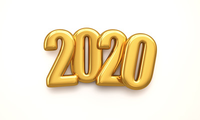 3d render. Gold 2020 inscription isolated on white background. New Year's illustration.
