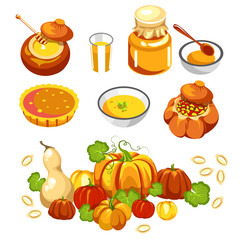 Thanksgiving holiday food, pumpkin dishes isolated icons