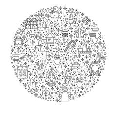 New Year and Christmas symbols isolated outline icons