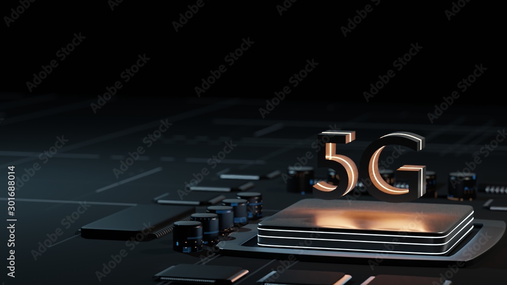 Poster 3d rendering of computer microchip processor with 5g built-in support ready for next generation comm