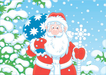 Santa Claus with his bag of Christmas gifts among snow-covered fir branches of a winter forest on the cold snowy day, vector illustration in a cartoon style