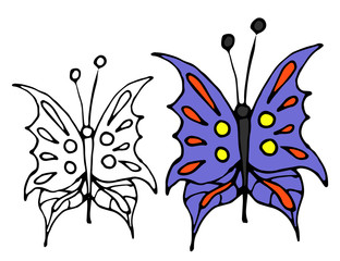 Colored butterflies and hand-drawn coloring pattern. Vector doodle outlined on a white background.