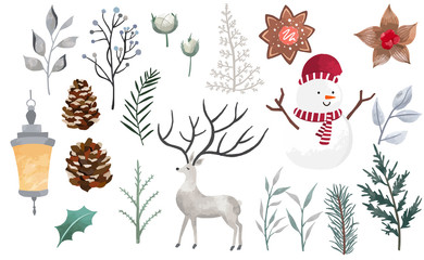 Watercolor Christmas object collection with christmas tree,snowman,reindeer.Vector illustration for icon,logo,sticker,printable
