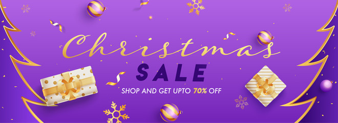 Christmas Sale header or banner design with 70% discount offer, gift boxes and baubles decorated on purple background.
