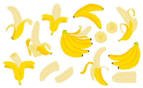 Cute banana fruit object collection.Whole, cut in half, sliced on pieces banana. Vector illustration for icon,logo,sticker,printable