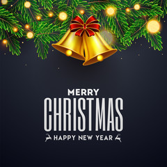 Merry Christmas and Happy New Year text with golden jingle bell, pine leaves and lighting garland decorated on grey background. Can be used as greeting card design.