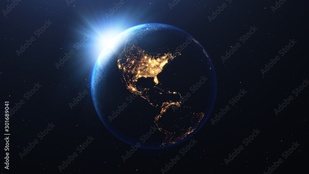 Wall mural earth planet with the sun viewed from space , 3d render of planet earth, elements of this image prov