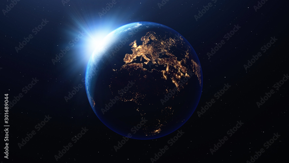 Wall mural earth planet with the sun viewed from space , 3d render of planet earth, elements of this image prov