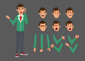 cute businessman character set for animation or motion with different facial emotions and hands.