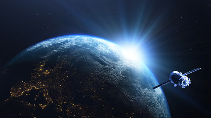 Earth planet sunrise with satellite viewed from space , 3d render of planet Earth, elements of this image provided by NASA