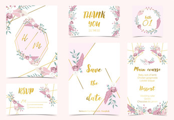 Pink green gold geometry wedding invitation with rose,flower,heart and leaves.Vector birthday invitation for kid and baby.Editable element
