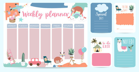 cute weekly planner background with sloth,rainbow,llama,cloud.Vector illustration for kid and baby.Editable element - obrazy, fototapety, plakaty