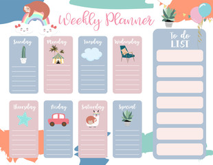 cute weekly planner background with sloth,rainbow,llama,cloud.Vector illustration for kid and baby.Editable element