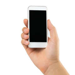 Man hand holding smartphone with blank copy space black screen for text message or information content