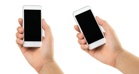 Man hand holding smartphone with blank copy space black screen for text message or information content