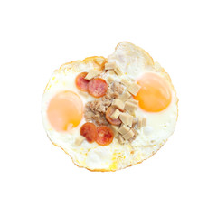 Double fried eggs with slice pork sausage on round white background.