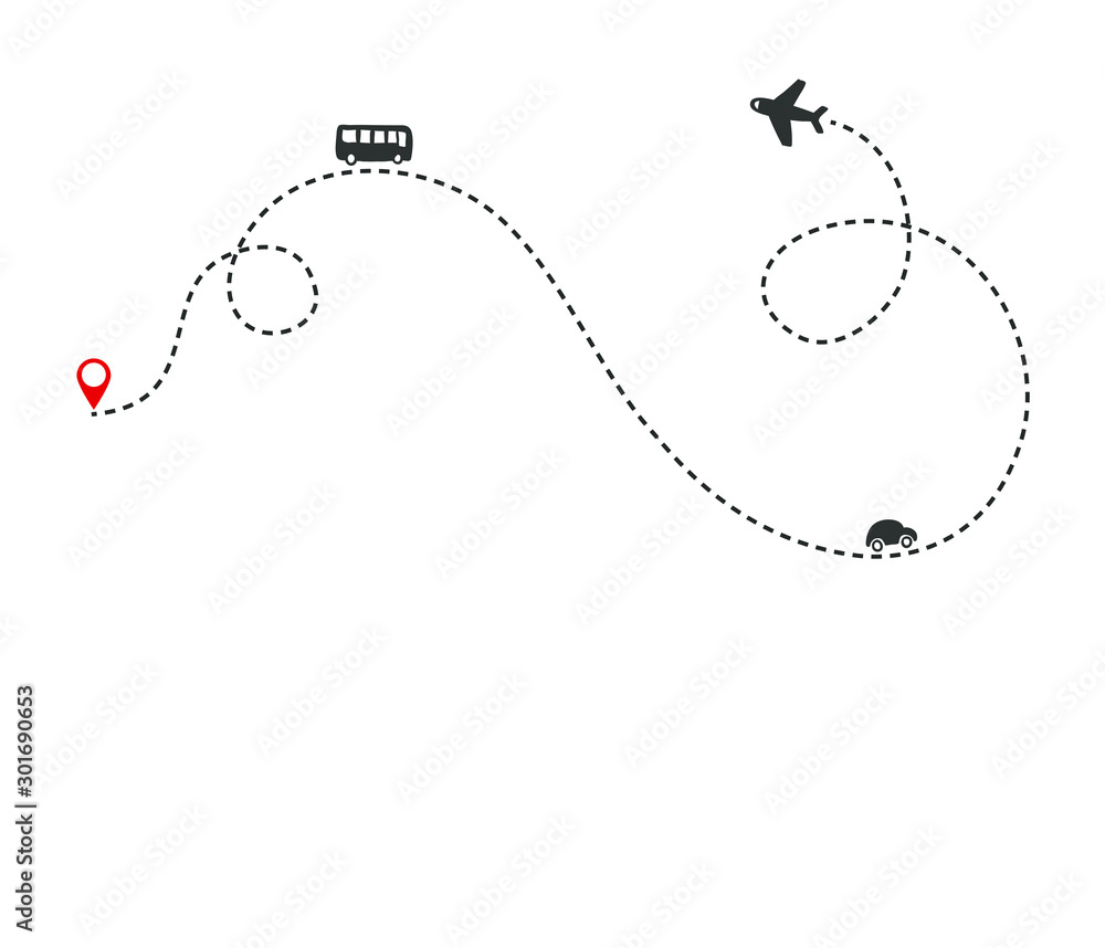 Poster multiple transportation ways on the route. airplane flight path with dash line and dash line trace. 