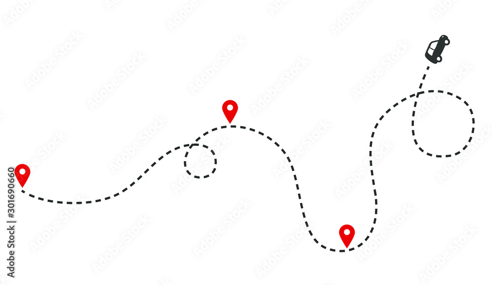 Poster car route monochrome concept with automobile path and map pointers. isolated vector illustration