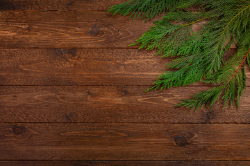 Spruce branches on dark wooden  background. Christmas, winter concept. Flat lay, top view.