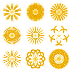 Round wheat wreaths and ornament set. Different design and templates. Vector clipart and drawing. Isolated illustrations.