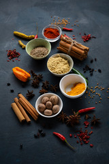 Fototapeta na wymiar Dark food background with spice in bowls