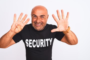 Middle age safeguard man wearing security uniform standing over isolated white background showing...