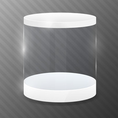 Glass cylinder with white podium. Design template.