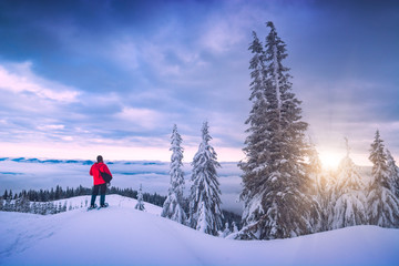 Active man enjoy carpathian winter landscape
