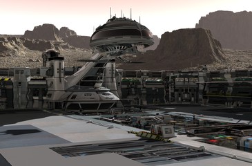 Mars colony. Expedition on alien planet. Life on Mars. 3D Illustration