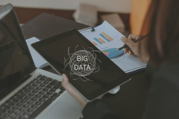 woman using tablet with big data Network Online Server Concept ,and icon. Digital concept. Internet on everyday. Global connecting concept.