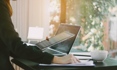 woman using laptop with Big Data, Storage Network Online Server Concept ,and icon. Digital concept. Internet on everyday. Global connecting concept.