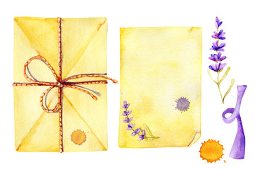 A postal envelope tied with twine, with a sprig of lavender, an old paper sheet with a blot and a ribbon. Set of hand made watercolor illustrations for design concept of message, correspondence, love.