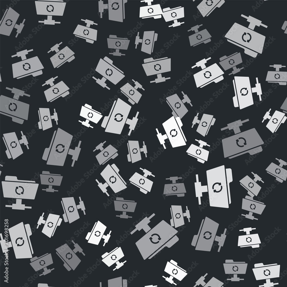 Poster grey ftp sync refresh icon isolated seamless pattern on black background. software update, transfer 
