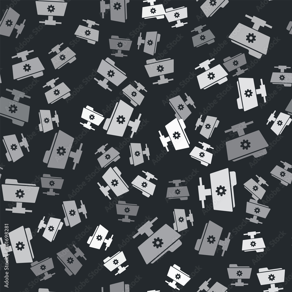 Poster grey ftp settings folder icon isolated seamless pattern on black background. software update, transf