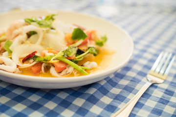 Spicy noodle salad, Thai Food. Seafood salad.