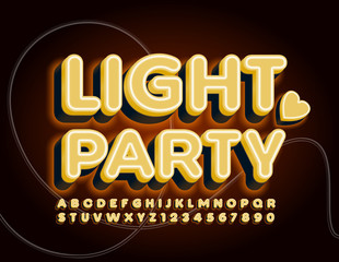 Vector bright Sign Light Party. Comic style Font. Neon glowing Alphabet Letters and Numbers