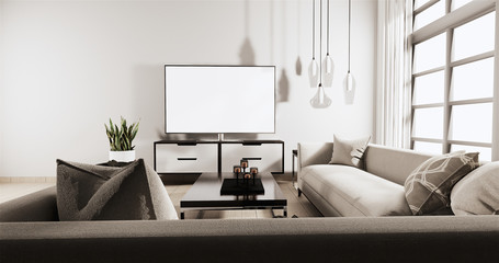 Smart Tv on Cabinet in Living room Loft style with white wall on wooden floor and sofa armchair.3D rendering