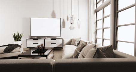 Smart Tv on Cabinet in Living room Loft style with white wall on wooden floor and sofa armchair.3D rendering