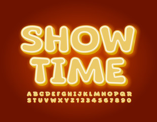 Vector bright Banner Show Time Glowing Font. Creative Alphabet Letters and Numbers